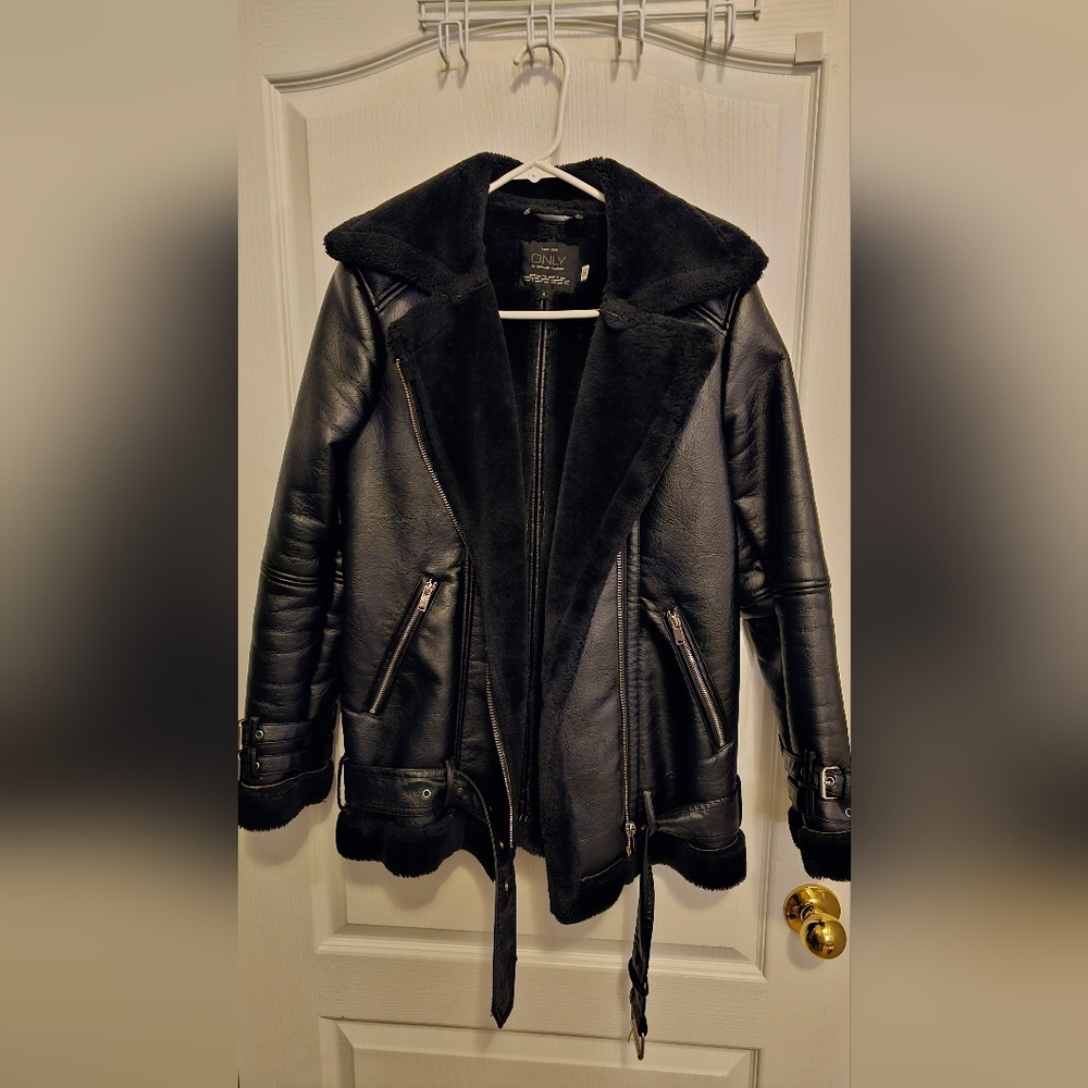 ONLY Black Faux Leather Jacket with Fur Collar